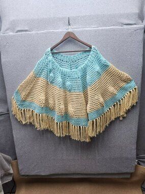 Handmade Crochet Fringe Poncho With Blue & Tan Stripes Lightweight & Breathable